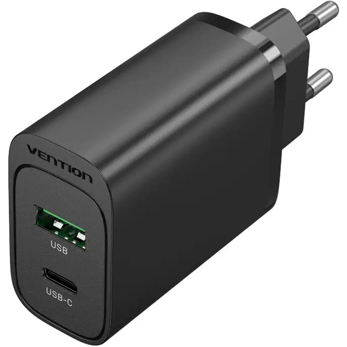 Зарядное устройство VENTION Two-Port USB-A, USB-C, PD3.0, QC4.0, 38W Wall Charger Black (FBIB0-EU)