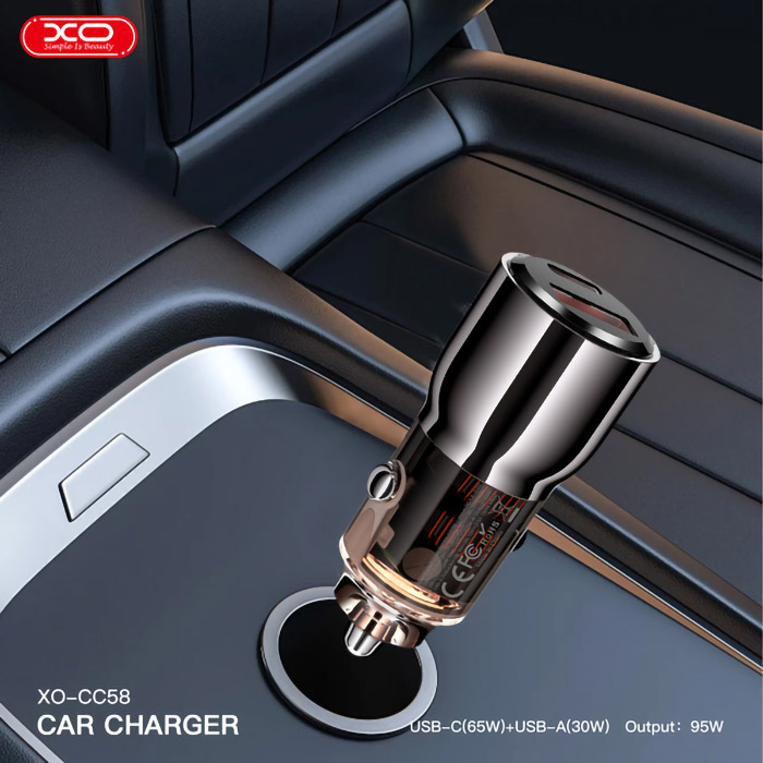 Автомобильное зарядное устройство XO CC58 1xUSB-A, 1xUSB-C, 95W Car Charger Gray (CC58_TARNISH)