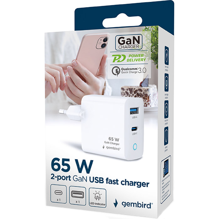 Зарядное устройство GEMBIRD 1xUSB-A, 1xUSB-C, PD+QC3.0 65W White (TA-UC-PDQC65L-W-01)