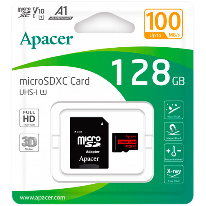 Карта памяти APACER microSDXC 128GB UHS-I V10 A1 Class 10 + SD-adapter (AP128GMCSX10UB-R)