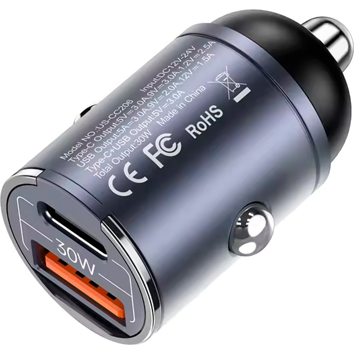 Автомобильное зарядное устройство USAMS US-CC206 C38 PD30W Dual Ports Invisible Ring Car Charger Tarnish (CC206CC01)