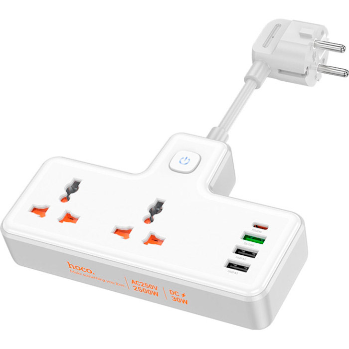 Мережевий розгалужувач HOCO AC12 Reise White, 2 розетки, 1xUSB-C, 3xUSB