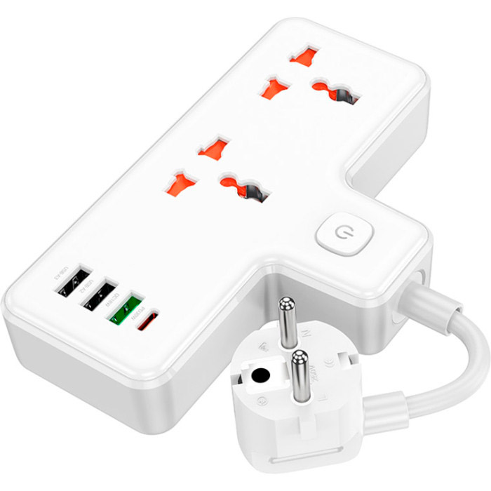 Сетевой разветвитель HOCO AC12 Reise White, 2 розетки, 1xUSB-C, 3xUSB