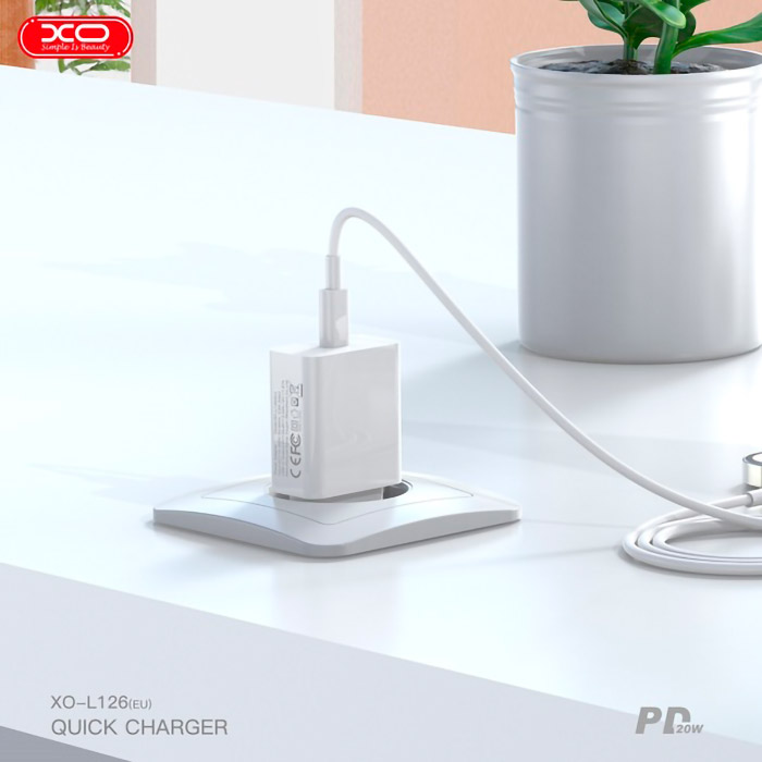 Зарядний пристрій XO L126 1xUSB-C, PD20W White (L126_WHITE)