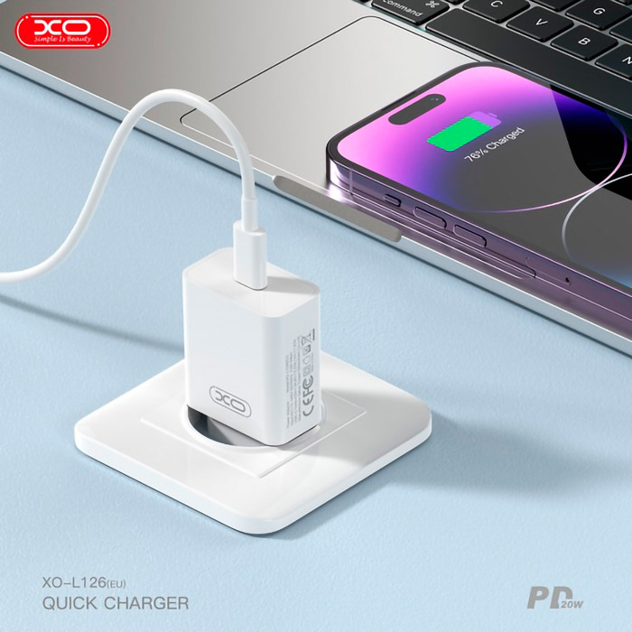 Зарядний пристрій XO L126 1xUSB-C, PD20W White (L126_WHITE)