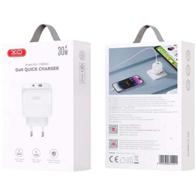 Зарядний пристрій XO L138 1xUSB-C, 1xUSB-A, QC3.0, PD30W White (L138_WHITE)