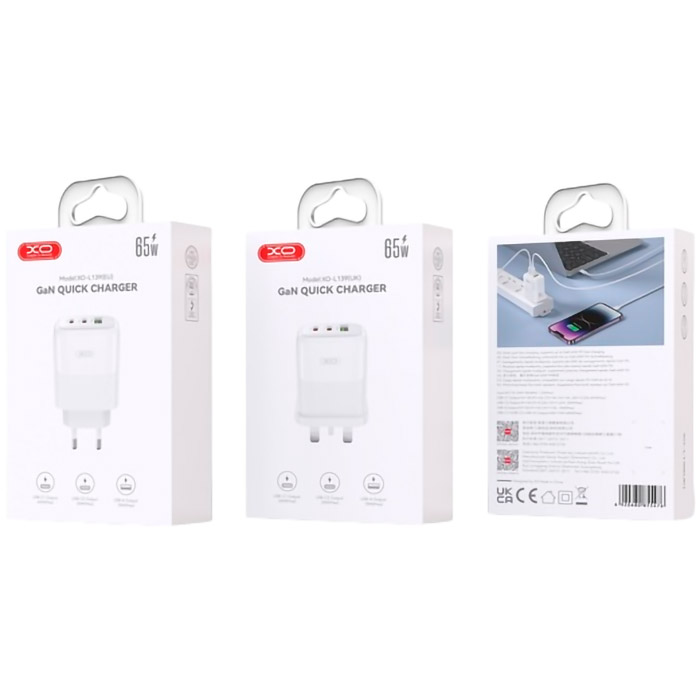 Зарядний пристрій XO L139 2xUSB-C, 1xUSB-A, PD3.0, QC3.0, 65W White (L139_WHITE)