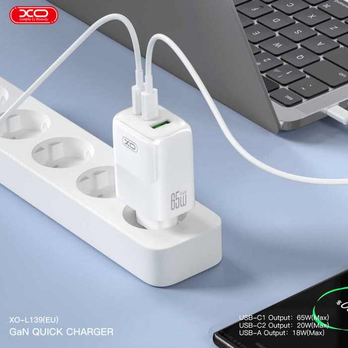 Зарядний пристрій XO L139 2xUSB-C, 1xUSB-A, PD3.0, QC3.0, 65W White (L139_WHITE)