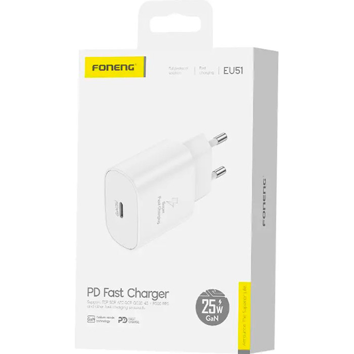 Зарядний пристрій FONENG EU51 1xUSB-C PD Fast Charger White w/Type-C to Type-C cable