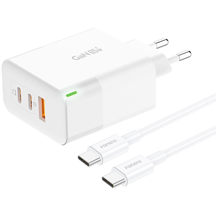 Зарядний пристрій FONENG GAN65 1xUSB-A, 2xUSB-C High Power Charger White w/Type-C to Type-C cable