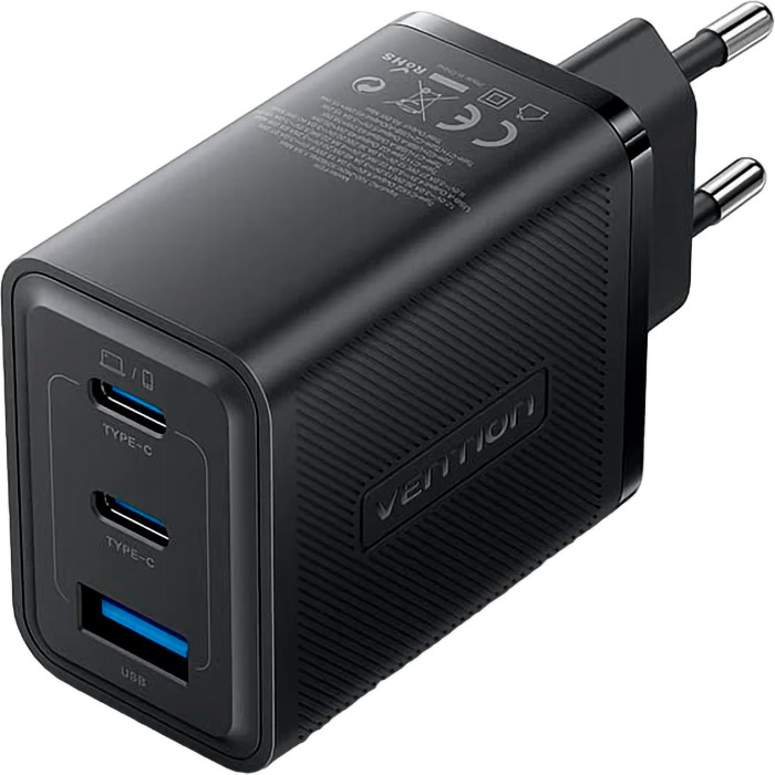 Зарядное устройство VENTION GaN III 1xUSB-A, 2xUSB-C, QC3.0, PD65W Wall Charger Black (FERB0-EU)