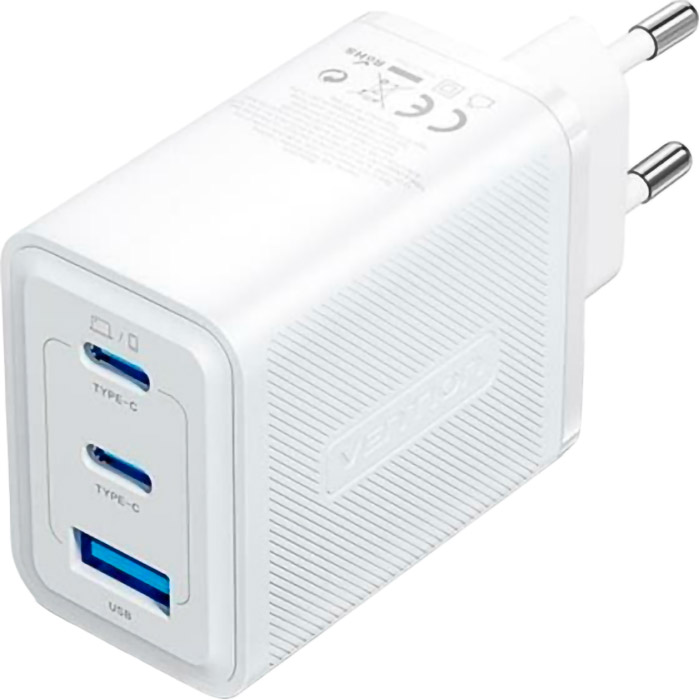 Зарядний пристрій VENTION GaN III 1xUSB-A, 2xUSB-C, QC3.0, PD65W Wall Charger White (FERW0-EU)