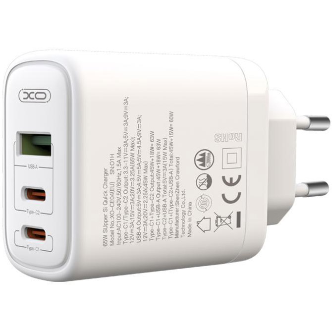 Зарядний пристрій XO CE04 2xUSB-C, 1xUSB-A, PD2.0, QC3.0 White w/Type-C to Type-C cable (XO-CE04-WH-TC)