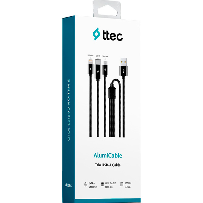 Кабель TTEC 2DK39 AlumiCable Trio USB-A to Lightning/Type-C/Micro-USB 1м Black (2DK39S)