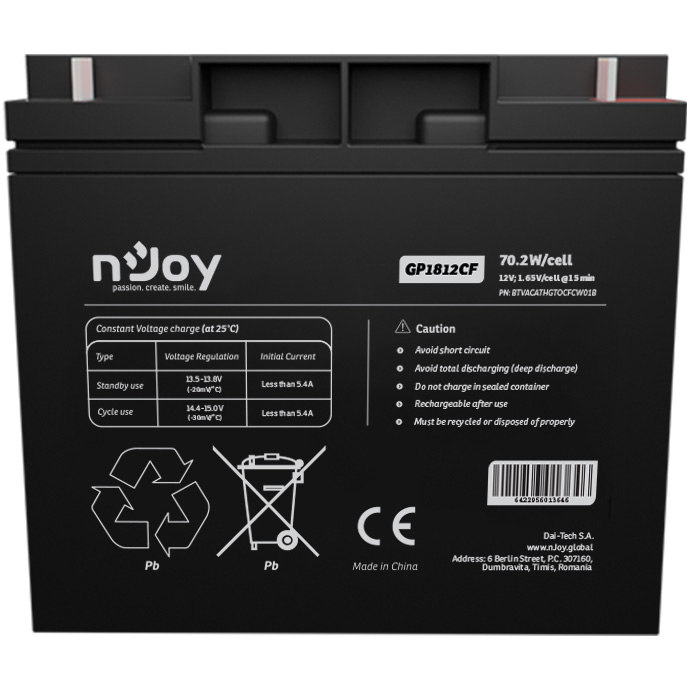 Акумуляторна батарея NJOY GP1812CF (12В, 18Агод) (BTVACATHGTOCFCW01B)