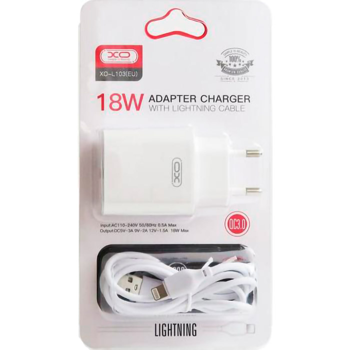 Зарядное устройство XO L103 1xUSB-A, QC3.0, 18W White w/Lightning cable (L103I-WH)