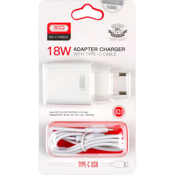 Зарядний пристрій XO L103 1xUSB-A, QC3.0, 18W White w/Type-C cable (L103C-WH)