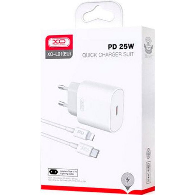 Зарядное устройство XO L91 1xUSB-C, PD25W White w/Type-C to Lightning cable (L91I-WH)