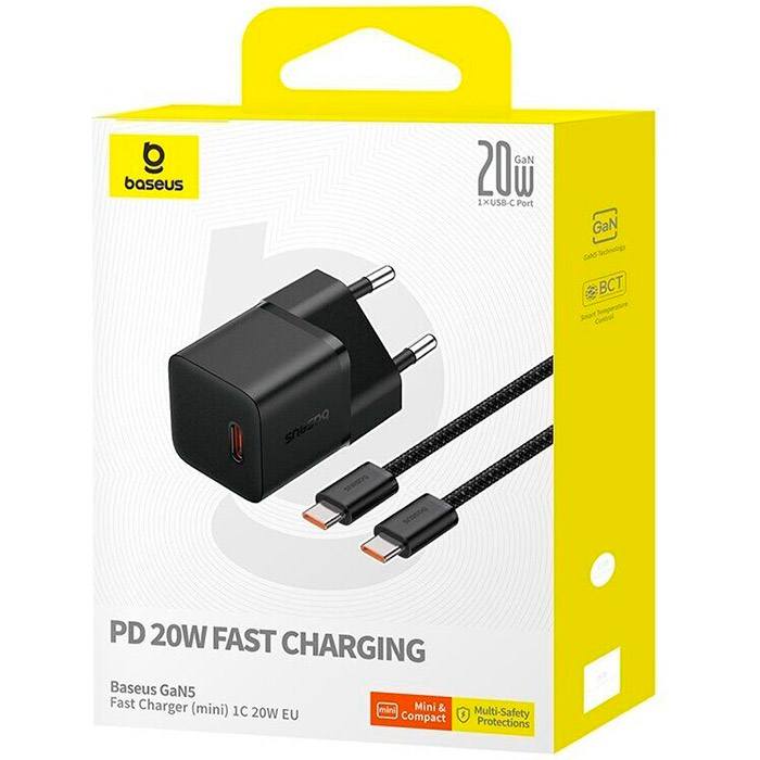 Зарядное устройство BASEUS GaN5 Fast Charger Mini 1C 20W Black w/Type-C to Type-C cable (P10110900113-00)