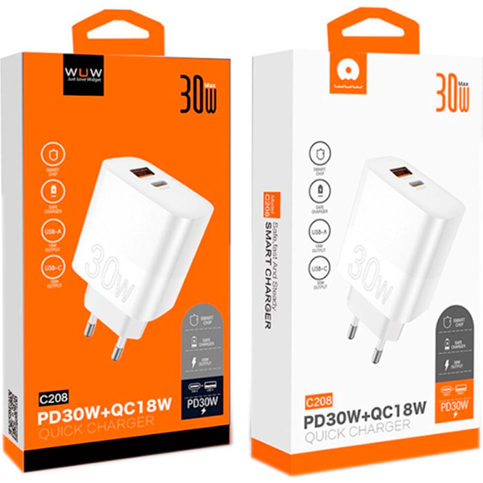 Зарядний пристрій WUW C208 1xUSB-A, 1xUSB-C, PD30W White