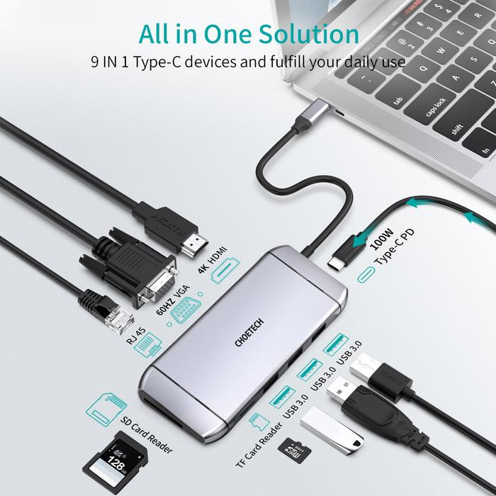 Порт-репликатор CHOETECH M15 9-in-1 USB-C Adapter Hub with 4K HDMI, 100W PD, 3xUSB 3.0, RJ-45 (HUB-M15)