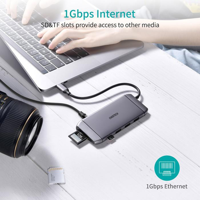 Порт-репликатор CHOETECH M15 9-in-1 USB-C Adapter Hub with 4K HDMI, 100W PD, 3xUSB 3.0, RJ-45 (HUB-M15)