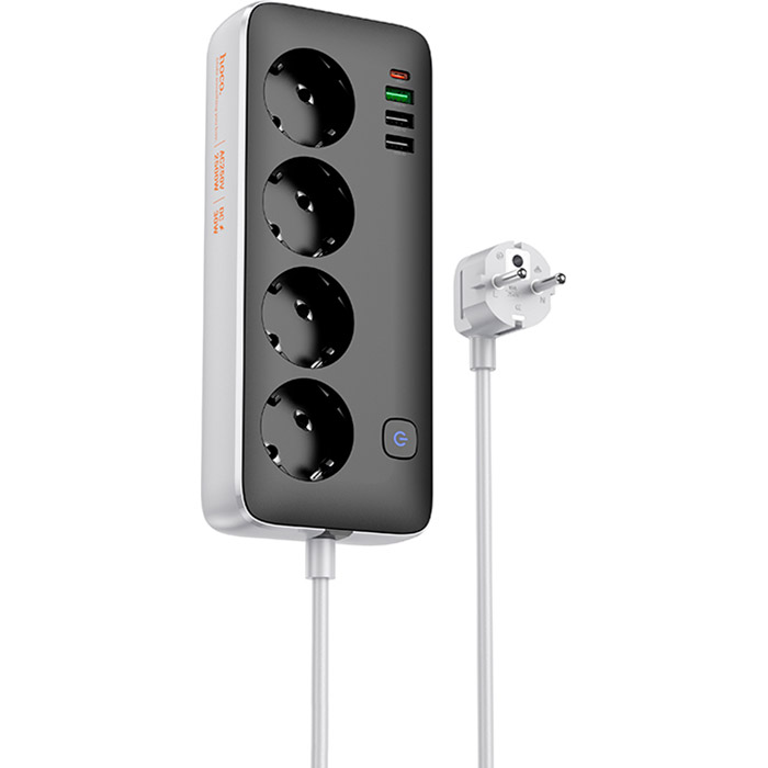 Мережевий фільтр HOCO AC22 Sunlight Black, 4 розетки, 1xUSB-C, 3xUSB, 1.5м