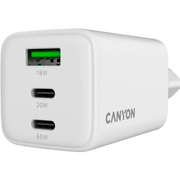 Зарядний пристрій CANYON CU65ACC GaN 1xUSB-A, 2xUSB-C, 65W White (CNS-CUW65ACC)