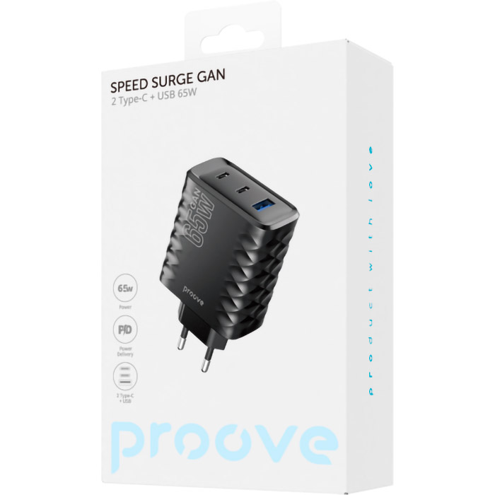 Зарядний пристрій PROOVE Speed Surge Gan 65W 1xUSB-A, 2xUSB-C, PD3.0, QC3.0 Black