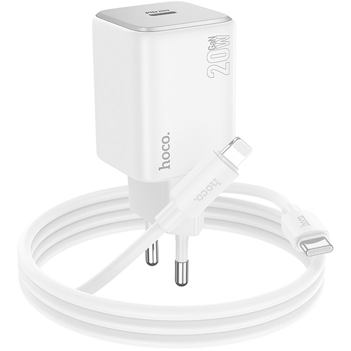 Зарядний пристрій HOCO N40 Mighty 1xUSB-C, PD20W White w/Type-C to Lightning cable (6942007616997)