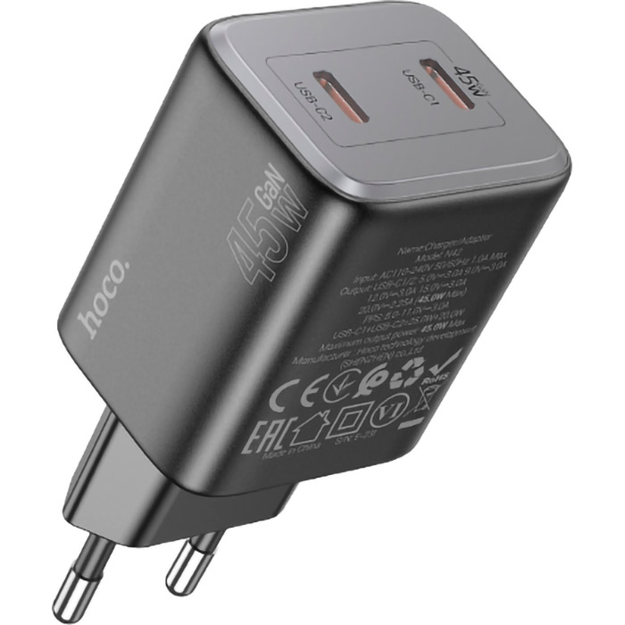 Зарядний пристрій HOCO N42 Elogiado 2xUSB-C, PD45W Black (6942007617086)