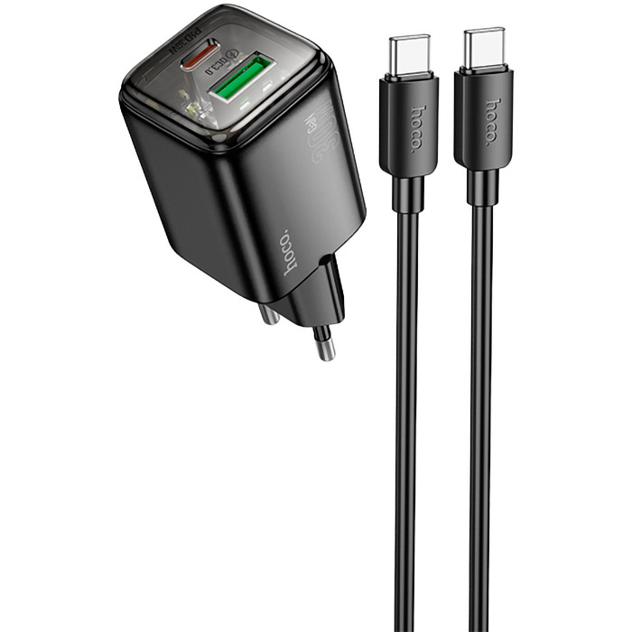 Зарядний пристрій HOCO N53 Monsoon 1xUSB-A, 1xUSB-C, PD30W, QC3.0 Black w/Type-C to Type-C cable (6942007630467)