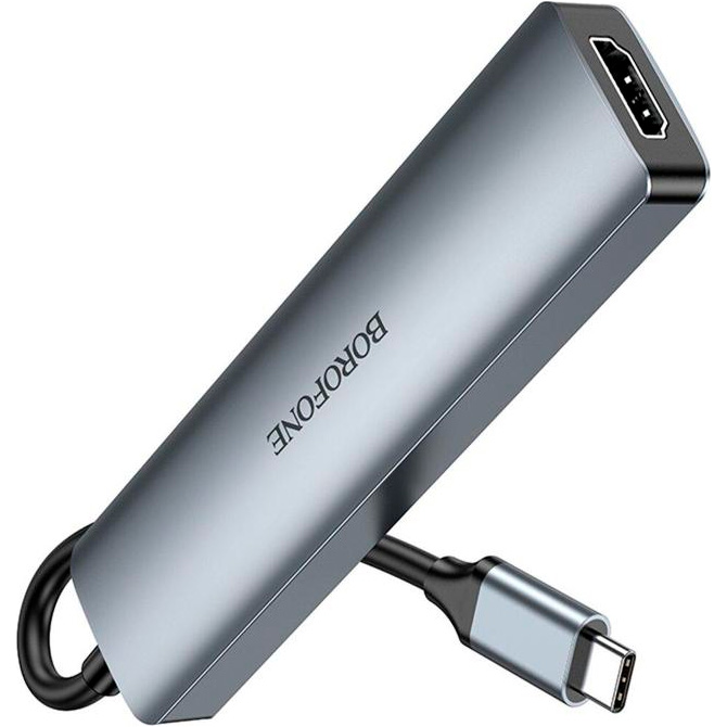 Порт-реплікатор BOROFONE DH14 Buddy 5-in-1 USB-C to 1xHDMI, 1xUSB-C, 1xUSB3.0, 2xUSB2.0, PD Metal Gray