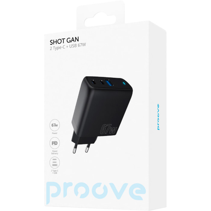 Зарядний пристрій PROOVE Shot GaN 67W 2xUSB-C, 1xUSB-A, PD3.0, QC3.0 Black