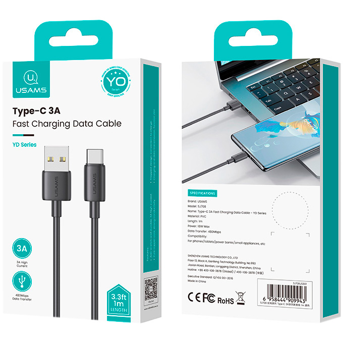 Кабель USAMS SJ708 YD USB to Type-C 3A Fast Charging Data Cable 1м Black (SJ708USB01)