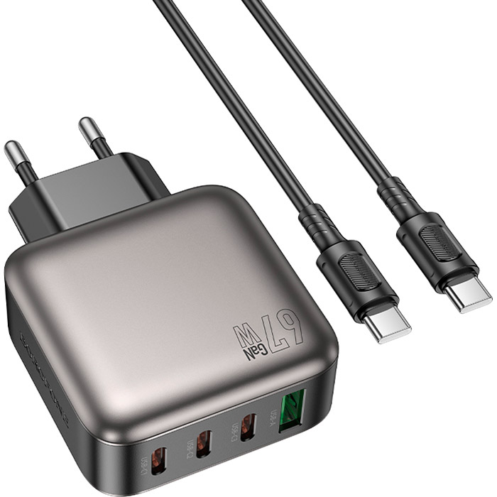 Зарядний пристрій BOROFONE BAS57A Absolute 1xUSB-A, 3xUSB-C, PD67W, QC3.0 Black w/Type-C to Type-C cable