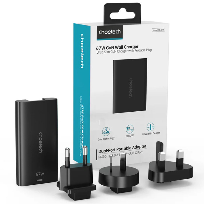 Зарядное устройство CHOETECH PD6011 67W 1xUSB-A, 1xUSB-C GaN Ultra Thin Wall Charger Black