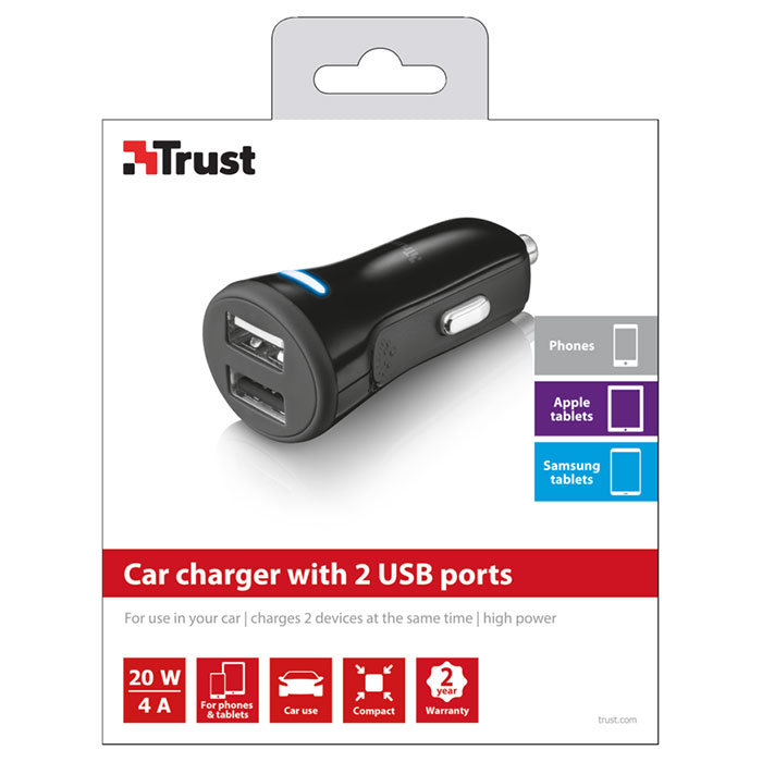 Автомобильное зарядное устройство TRUST 20W Car Charger With 2 USB Ports Black (20572)