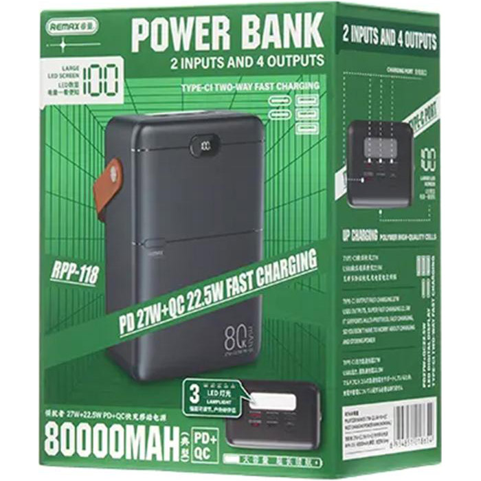 Повербанк REMAX Piloteer RPP-118 PD27W, QC22.5W 80000mAh Black