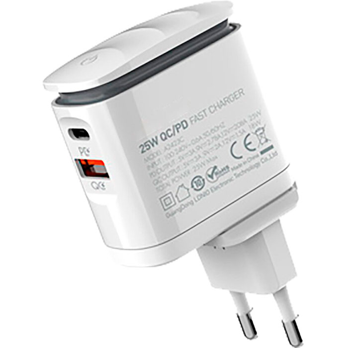 Зарядное устройство LOGICPOWER 25WCH 1xUSB-A, 1xUSB-C, 25W White w/Type-C to Type-C cable