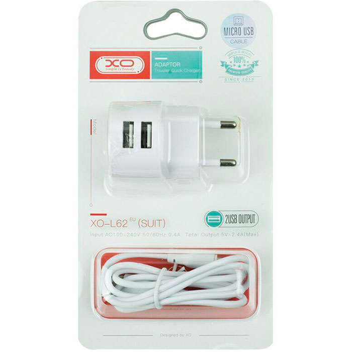 Зарядний пристрій XO L62 2xUSB-A, 2.4A White w/Micro-USB cable (L62-M-WH)