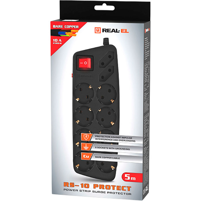 Сетевой фильтр REAL-EL RS-10 Protect Black, 10 розеток, 5м (EL122300040)