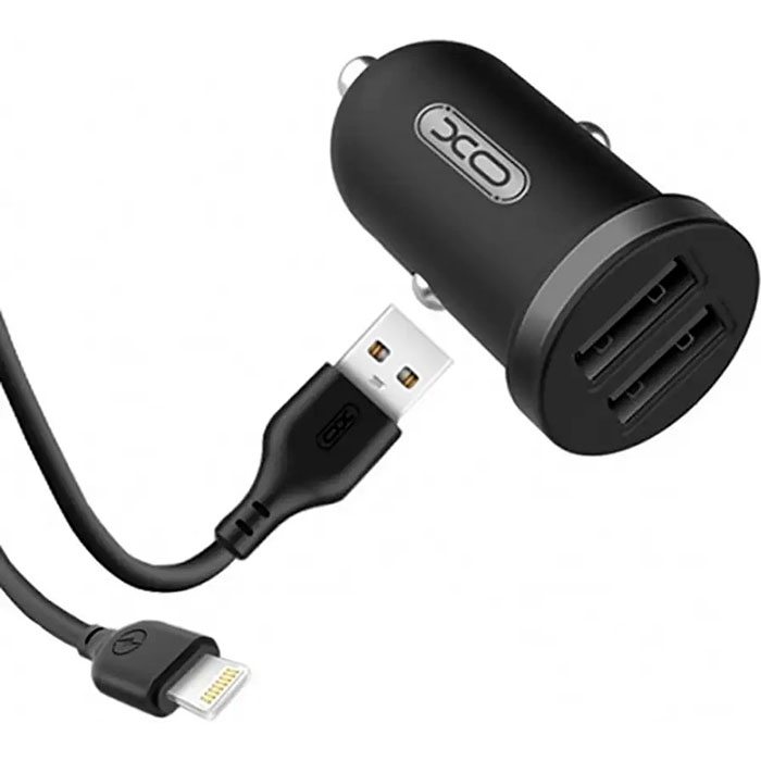 Автомобильное зарядное устройство XO TZ08 2xUSB-A, 2.1A Car Charger Black w/Lightning cable (TZ08-L-BK)