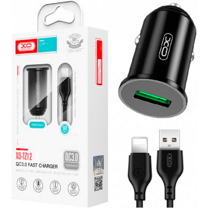 Автомобильное зарядное устройство XO TZ12 1xUSB-A, QC3.0, 18W Car Charger Black w/Lightning cable (TZ12-L-BK)