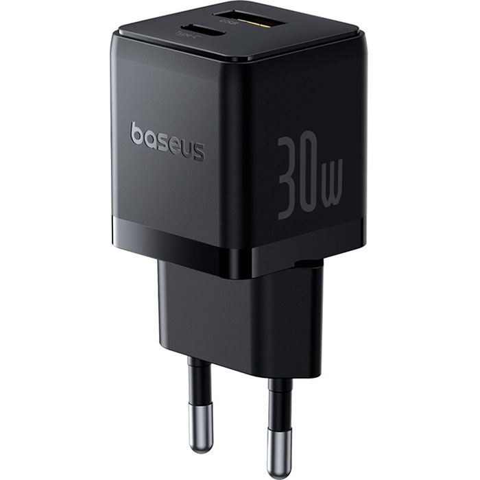 Зарядний пристрій BASEUS Palm Fast Charger C+U 30W EU Cluster Black w/Type-C to Type-C cable (P1011160A113-01)