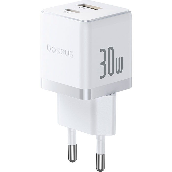 Зарядний пристрій BASEUS Palm Fast Charger C+U 30W EU Moon White w/Type-C to Type-C cable (P1011160A213-01)