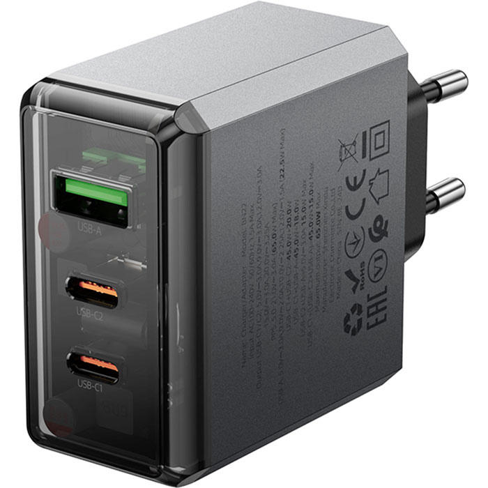 Зарядное устройство BOROFONE BN22 Lena 1xUSB-A, 2xUSB-C, PD65W, QC3.0 Metal Gray