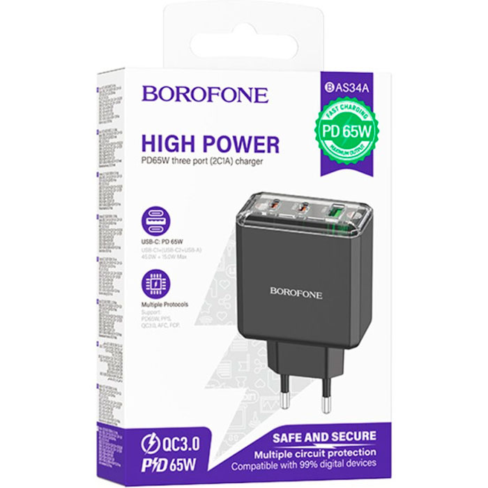 Зарядное устройство BOROFONE BAS34A Treasure 2xUSB-C, 1xUSB-A, PD65W, QC3.0 Black