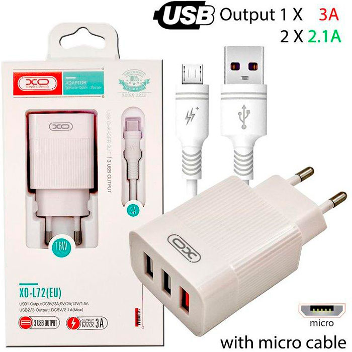 Зарядний пристрій XO L72 3xUSB-A, QC3.0, 18W White w/Micro-USB cable (XO-L72-MCR)