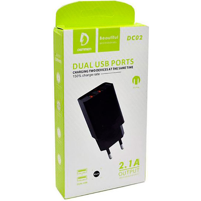 Зарядное устройство DENMEN DC02 2xUSB-A, 2.4A Black